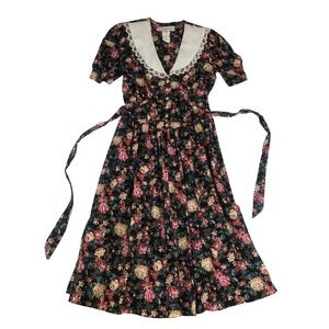 Brandywine Creek Vintage Floral Midi Dress 9/10 Lace Trimmed Peter Pan Collar